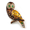 Brown/Yellow Enamel Crystal Owl Brooch in Gold Tone - 55mm Tall