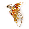 Yellow/ Orange Crystal Exotic Bird Brooch in Gold Tone - 55mm Across