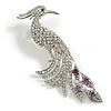 Oversized Clear/Purple Crystal Peacock Brooch in Silver Tone - 11cm Long
