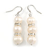 Light Cream Freshwater Pearl Crystal Drop Earrings (Silver Tone)