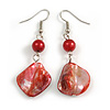 Coral Red Shell Bead Drop Earrings (Silver Tone)