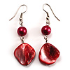 Coral Red Shell Bead Drop Earrings (Silver Tone)