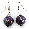 Purple & Metallic Silver Wood Drop Earrings (Silver Tone)