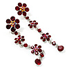 Long Statement Floral Dangle Earrings (Silver Tone & Ruby Red Colour) - 7cm Drop