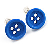 Small Light Blue Plastic Button Stud Earrings (Silver Tone) -11mm Diameter