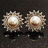 Snow-White Crystal Faux Pearl Stud Earrings (Silver Tone) -2cm Diameter