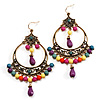 Multicoloured Acrylic Bead Hoop Earrings (Gold Tone) - 9cm Drop