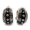 Small C-Shape Greek Style Black Enamel Clip On Earrings (Silver Tone)