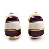 Small C-Shape Stripy Purple & White Enamel Clip On Earrings (Gold Tone)
