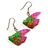 Funky Multicoloured Wood Fish Drop Earrings (Green & Pink) - 3.5cm Length