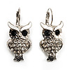 Silver Tone Crystal Owl Drop Earrings