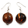 Light Brown & Black Animal Print Wood Drop Earrings (Silver Tone)