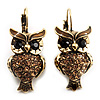 Antique Gold Tone Citrine Crystal Owl Drop Earrings