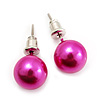 Deep Pink Lustrous Faux Pearl Stud Earrings (Silver Tone Metal) - 7mm Diameter