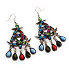 Antique Silver Multicoloured Crystal Chandelier Earrings - 8cm Length