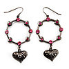 Pink Crystal Hoop With Heart Drop Earrings (Gun Metal Finish) - 6cm Length