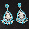 Silver Plated Filigree Turquoise Coloured Acrylic Bead & Imitation Pearl Chandelier Earrings - 7cm Drop