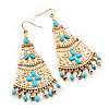 Gold Plated Hammered Turquoise Coloured Acrylic Bead Chandelier Earrings - 8cm Drop