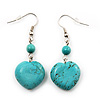 Romantic Turquoise Stone Heart Drop Earrings (Rhodium Plated Metal) - 4.5cm Length