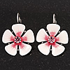 White/Pink Enamel Daisy Drop Earrings (Silver Plated Metal) - 3cm Length