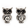 Small Antique Silver Diamante Owl Stud Earrings - 2cm Length