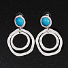 Matt Silver Tone Double Hoop Turquoise Stone Drop Earrings - 5cm Length