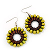 Lime Green Wood Bead Hoop Drop Earrings (Silver Tone Metal) - 5.5cm Drop