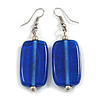 Navy Blue Square Glass Drop Earrings - 6cm Long