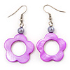 Purple Open Flower Shell Drop Earrings (Silver Metal Finish) - 5.5cm Drop