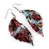 Floral Acrylic 'Leaf' Drop Earrings (Pale Blue, Red & Olive Green) - 8cm Drop