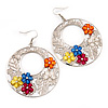 Silver Tone Multicoloured Flower Hoop Drop Earrings - 7cm Length