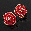 Red Enamel Dimensional Rose Stud Earrings In Gold Metal - 2cm in diameter