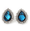 Sky Blue Crystal Teardrop Stud Earrings In Silver Tone Metal - 2.5cm Length