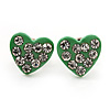 Tiny Green Crystal Enamel 'Heart' Stud Earrings In Silver Plated Metal - 10mm Diameter