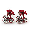 Tiny Red Enamel Diamante Sweet 'Cherry' Stud Earrings In Silver Tone Metal - 10mm Diameter
