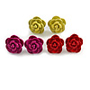Small Yellow/ Deep Pink/ Red Rose Stud Earring Set In Silver Tone Metal - 10mm D
