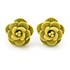 Tiny Yellow 'Rose' Stud Earrings In Silver Tone Metal - 10mm Diameter