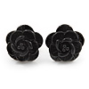 Tiny Black 'Rose' Stud Earrings In Silver Tone Metal - 10mm Diameter