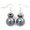 Grey Bead Drop Earrings In Silver Plated Metal - 4.5cm Length
