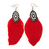 Vintage Diamante Red Feather Drop Earrings In Burn Silver Metal - 13cm Length