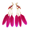 Funky Long Magenta 'Parrot' Feather Earrings In Gold Plating - 13cm Length