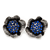 Navy Blue Crystal Textured Flower Stud Earrings In Burn Silver Finish - 2cm Diameter