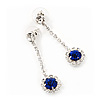 Clear/Royal Blue Crystal Drop Earrings In Silver Finish - 4.5cm Length