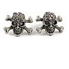 Small Burn Silver Diamante 'Skull & Crossbones' Stud Earrings - 12mm Length