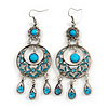 Burn Silver Turquoise Coloured Enamel Crystal Chandelier Earrings - 9cm Drop