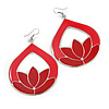 Red Enamel Teardrop Hoop Earrings In Silver Finish - 8cm Length