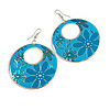 Teal Coloured Enamel Floral Round Drop Earrings In Silver Finish - 7.5cm Length