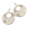 Milky-White Enamel Floral Round Drop Earrings In Silver Finish - 7.5cm Length