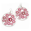 Silver Plated Pink Enamel Floral Hoop Earrings - 7.5cm Length
