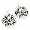 Silver Plated Black Enamel Floral Hoop Earrings - 7.5cm Length